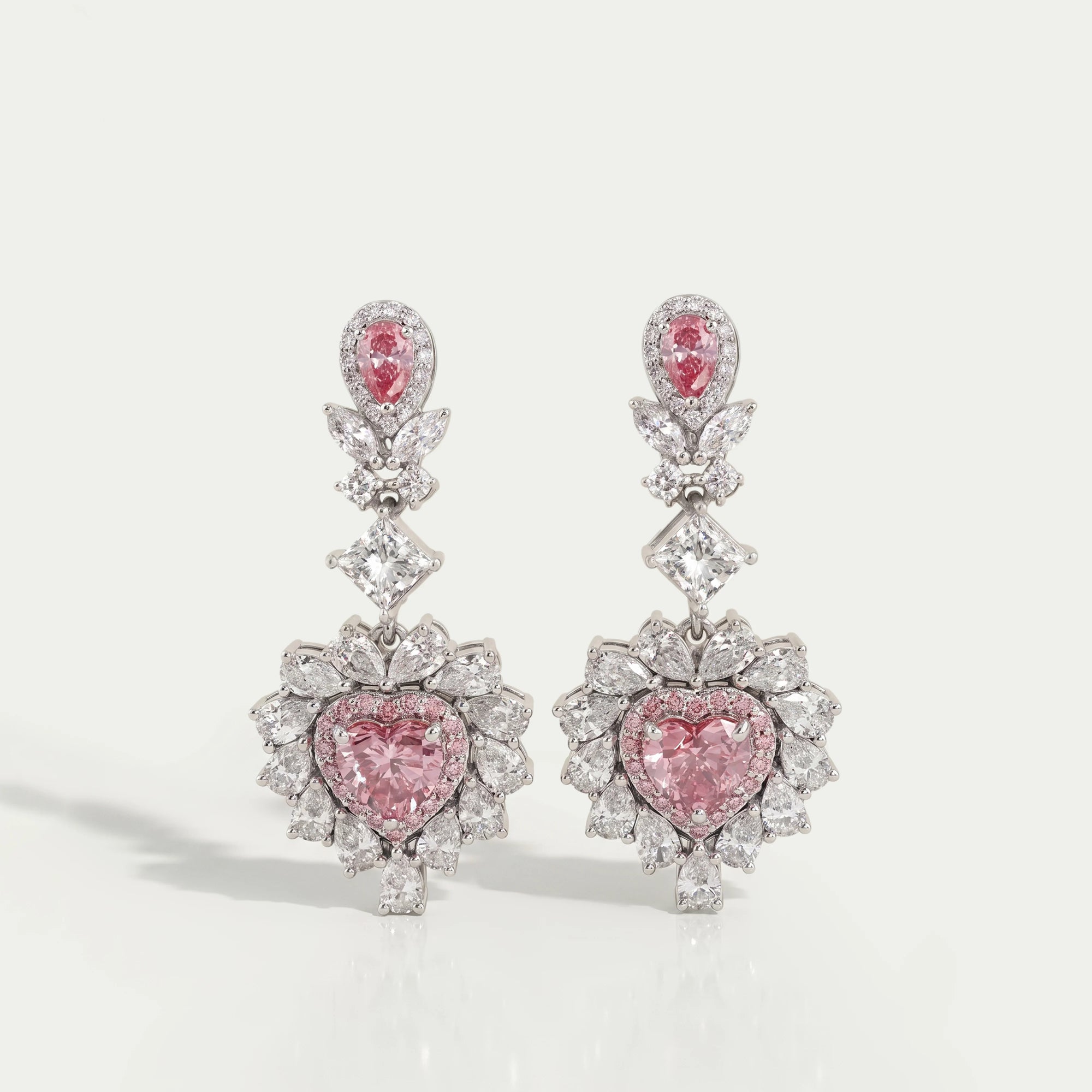 Pink Heart Cut Double Halo Drop Dangle Earrings Earrings