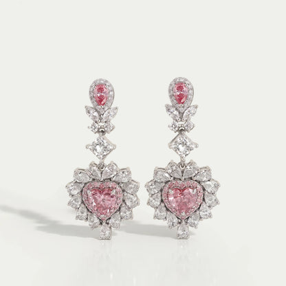 Pink Heart Cut Double Halo Drop Dangle Earrings Earrings