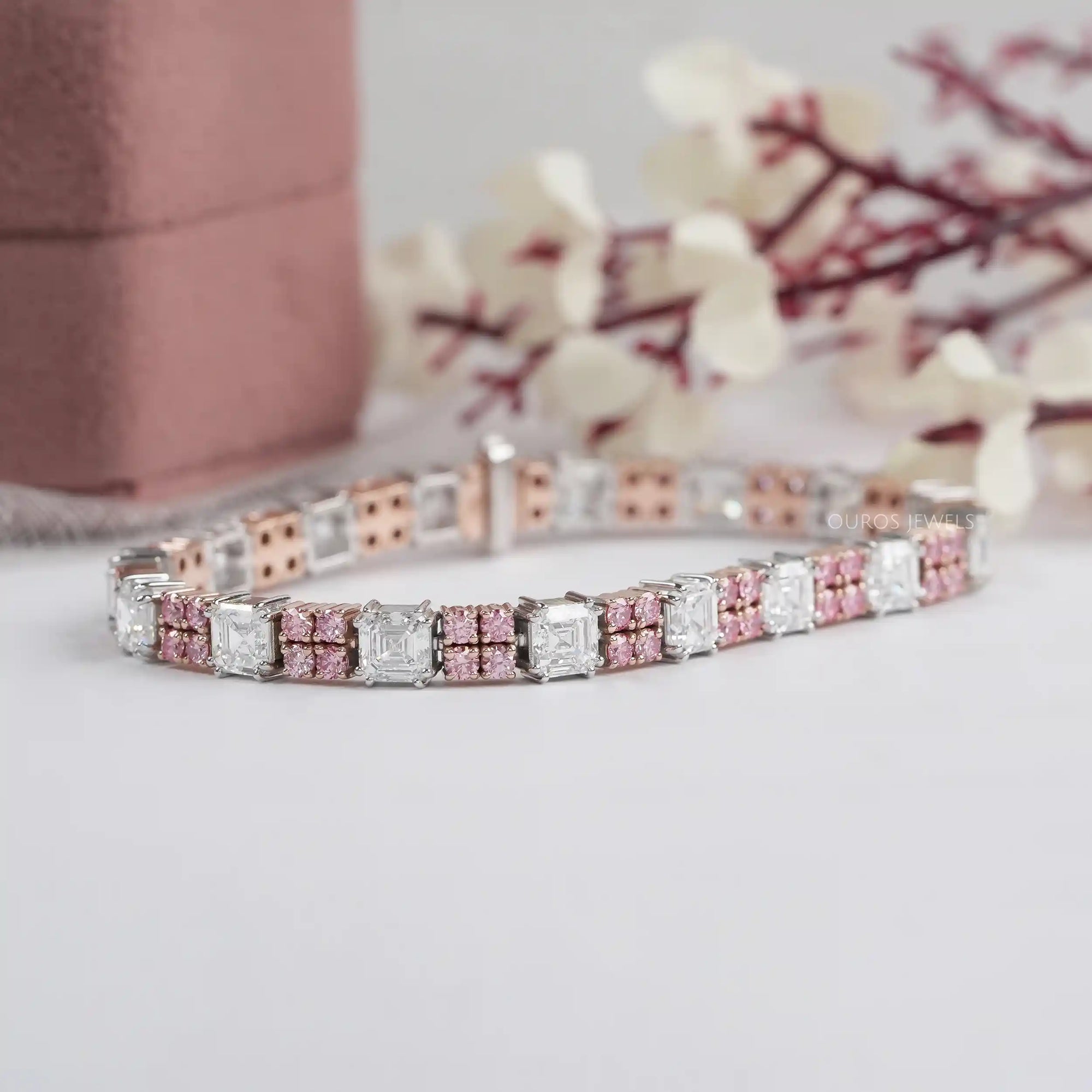 Asscher Diamond And Pink Round Tennis Bracelet Bracelet