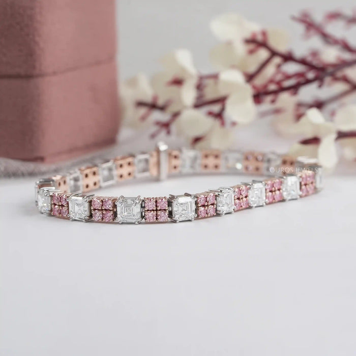 Asscher Diamond And Pink Round Tennis Bracelet