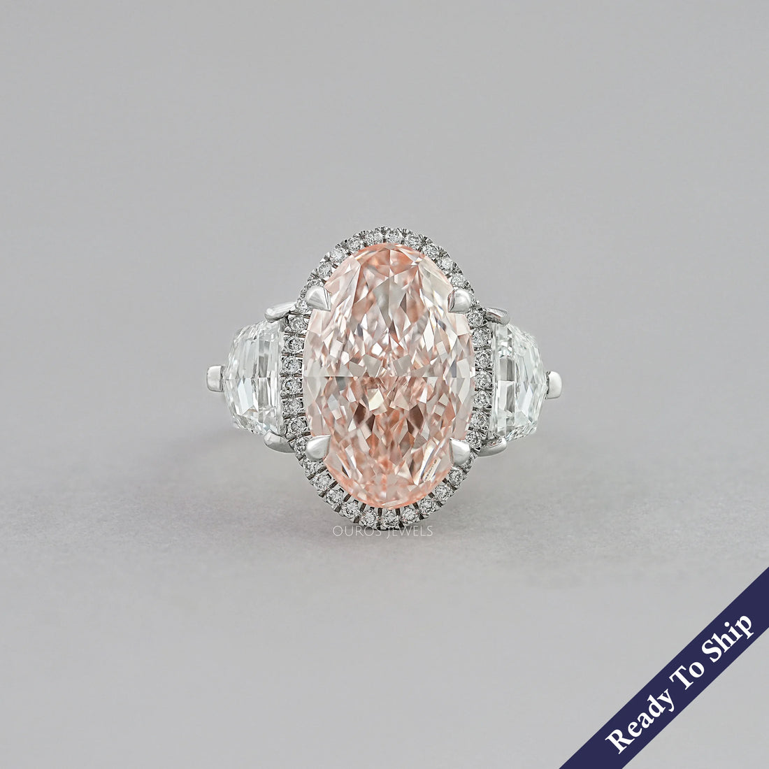 Intense Pink Oval Three Stone Engagement Ring Ring