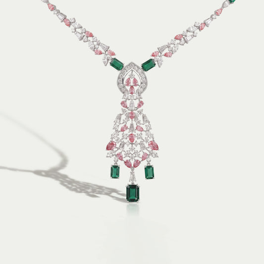 Green Emerald & Pink Pear Diamond Wedding Necklace