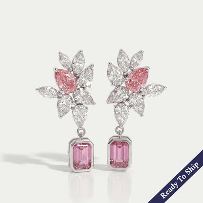 Pink Emerald And Pear Diamond Cluster Drop Earrings Earrings