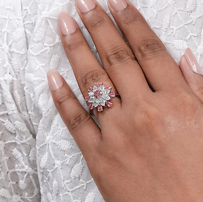 Floral Pink Round Diamond Engagement Ring