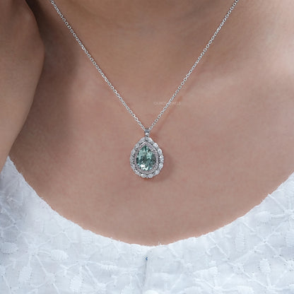 Aquamarine Pear Gemstone Double Halo Pendant