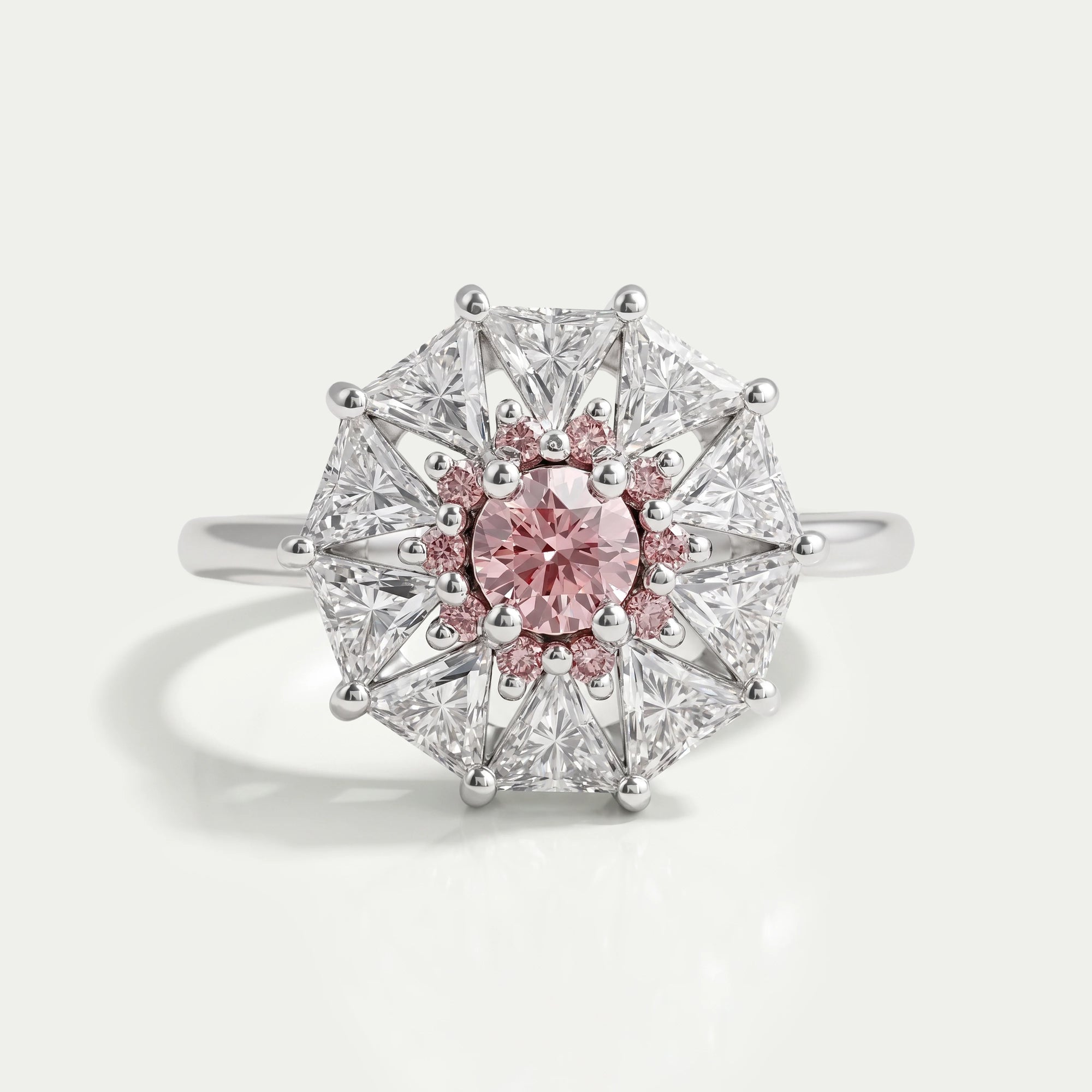 Pink Round Cut Halo Triangle Engagement Ring Rings