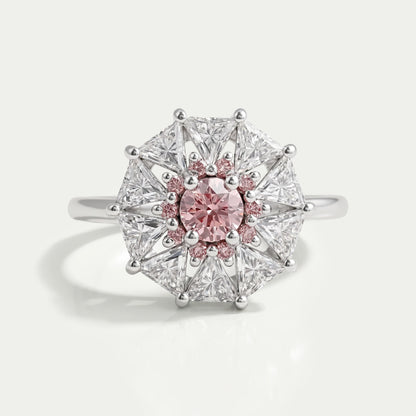 Pink Round Cut Halo Triangle Engagement Ring Rings