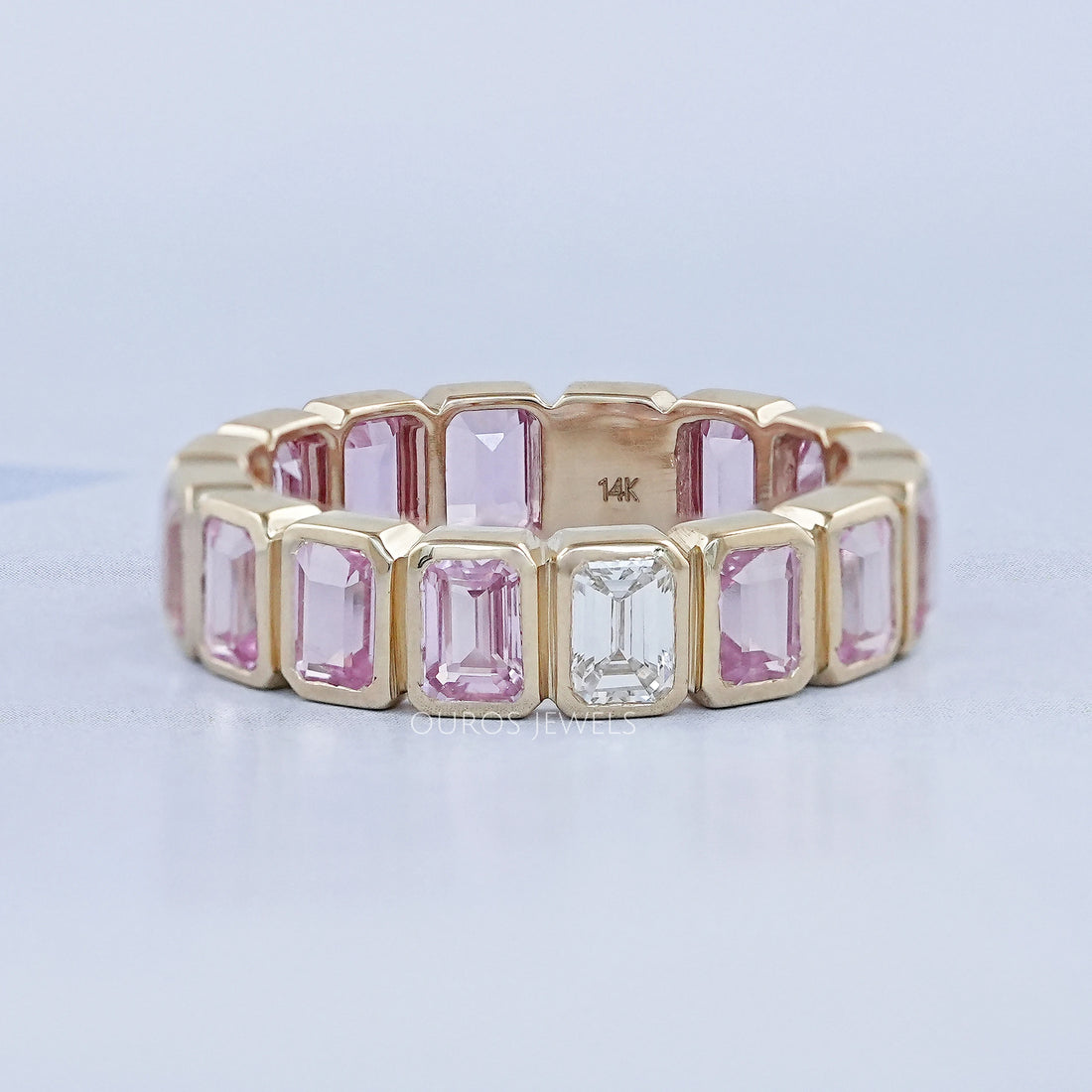 Sapphire Pink Emerald Cut Bezel Set Eternity Wedding Band Rings