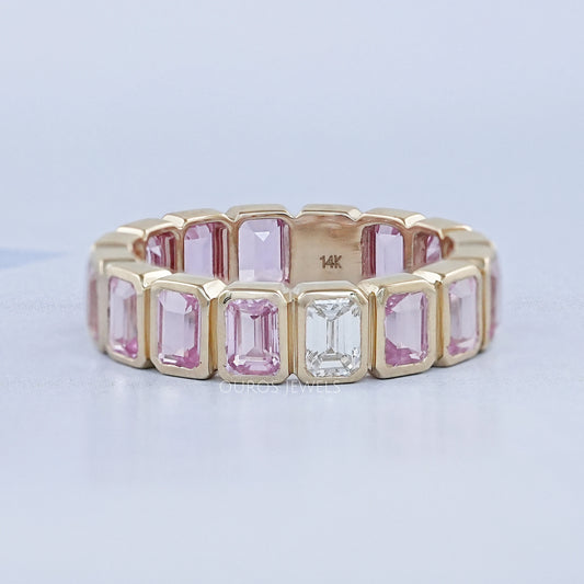 Sapphire Pink Emerald Cut Bezel Set Eternity Wedding Band Rings