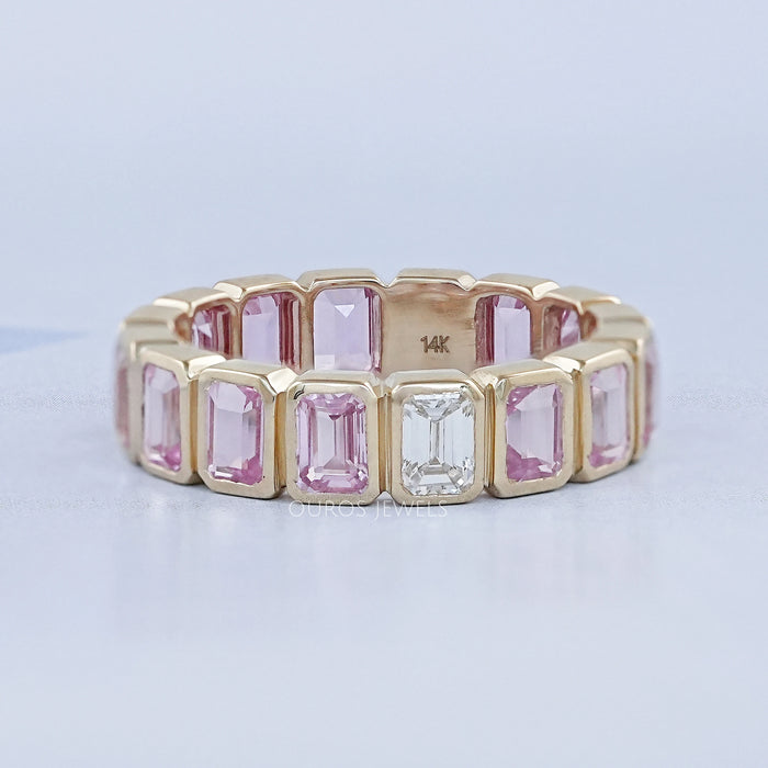 Sapphire Pink Emerald Cut Bezel Set Eternity Wedding Band