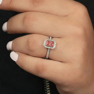 [A Women wearing Pink Radiant Halo Diamond Ring]-[Ouros Jewels]