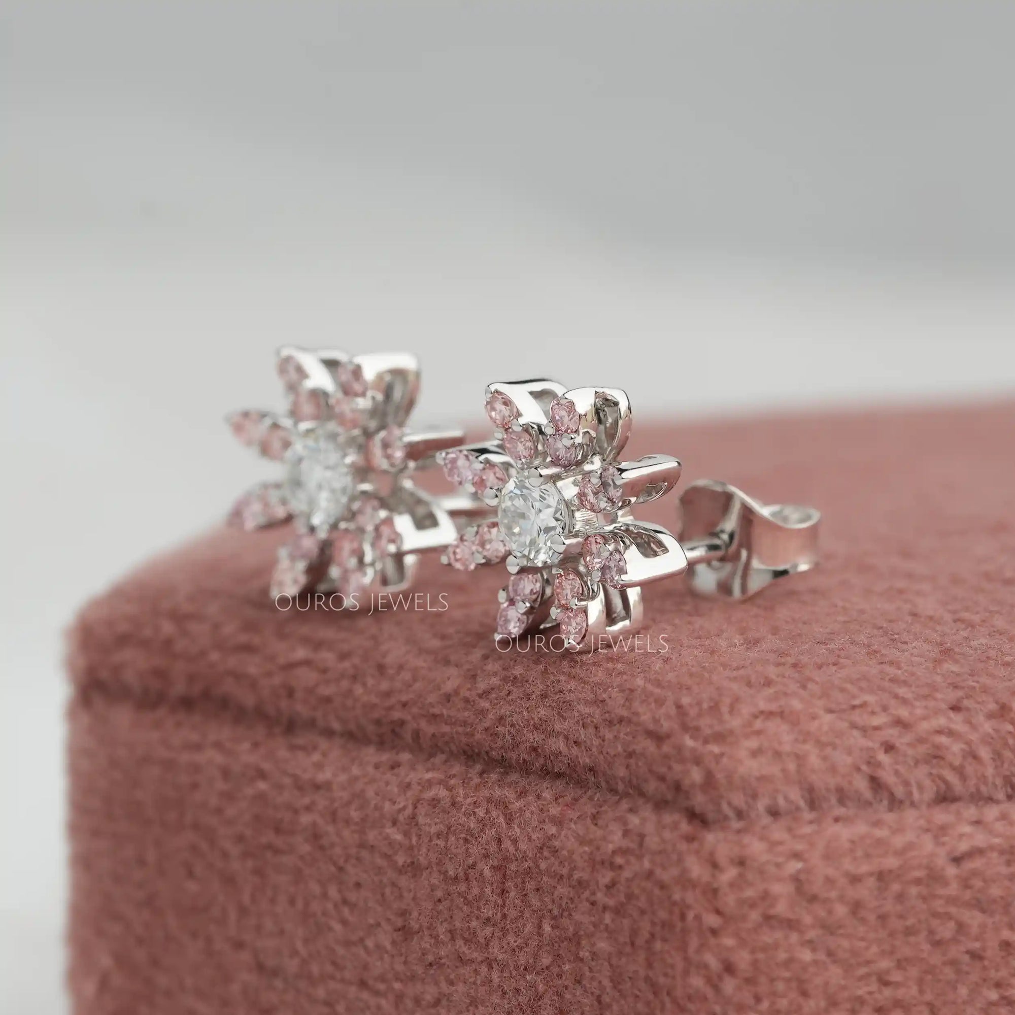 Pink Round Flower Shape Lab Diamond Stud Earrings