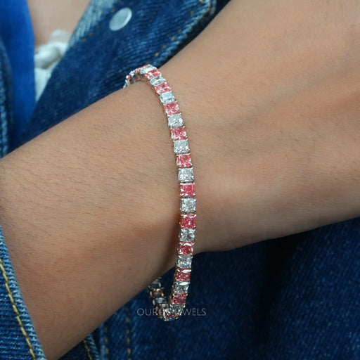 [Pink Cushion Cut Lab Diamond Bracelet]-[Ouros Jewels]