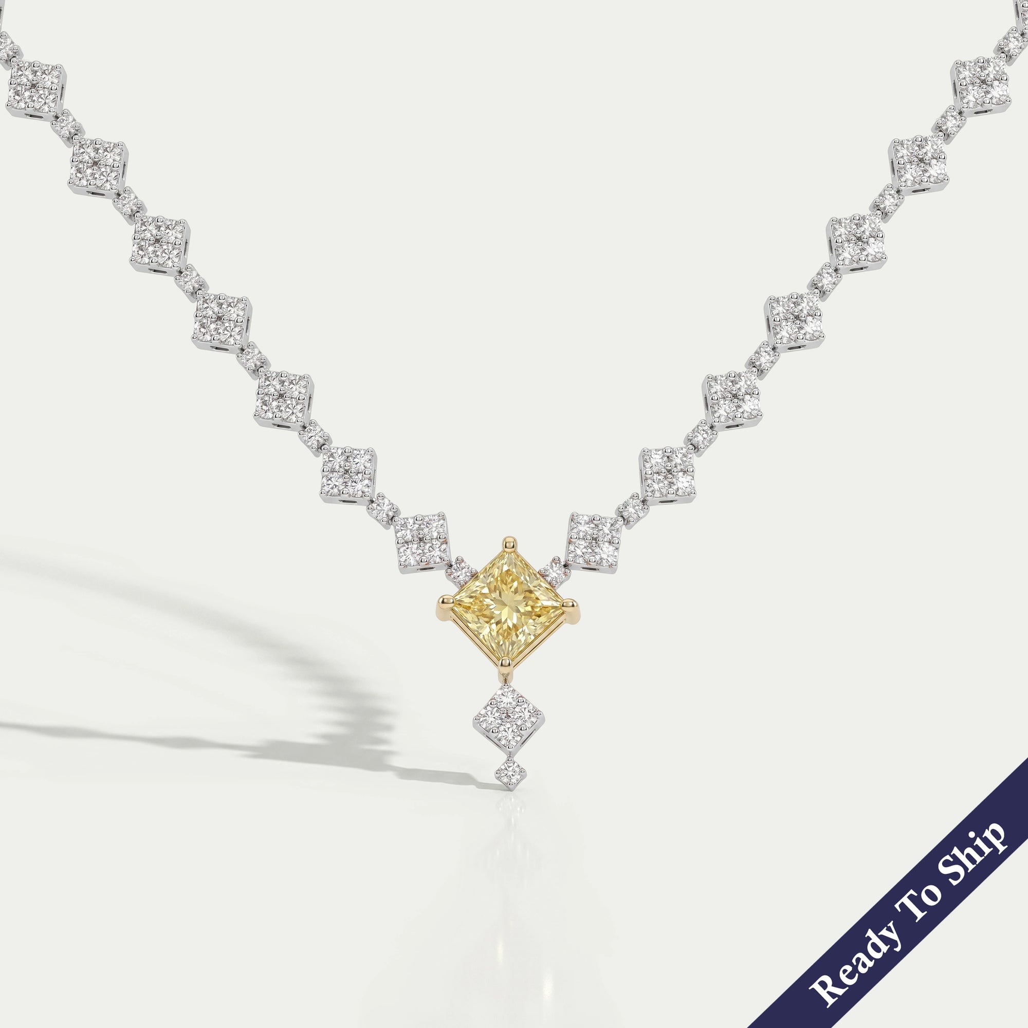 Princess And Round Cut Cluster Diamond Necklace Set Necklaces