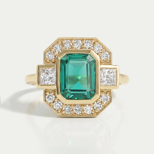 Three Stone Emerald Gemstone Halo Ring Ring
