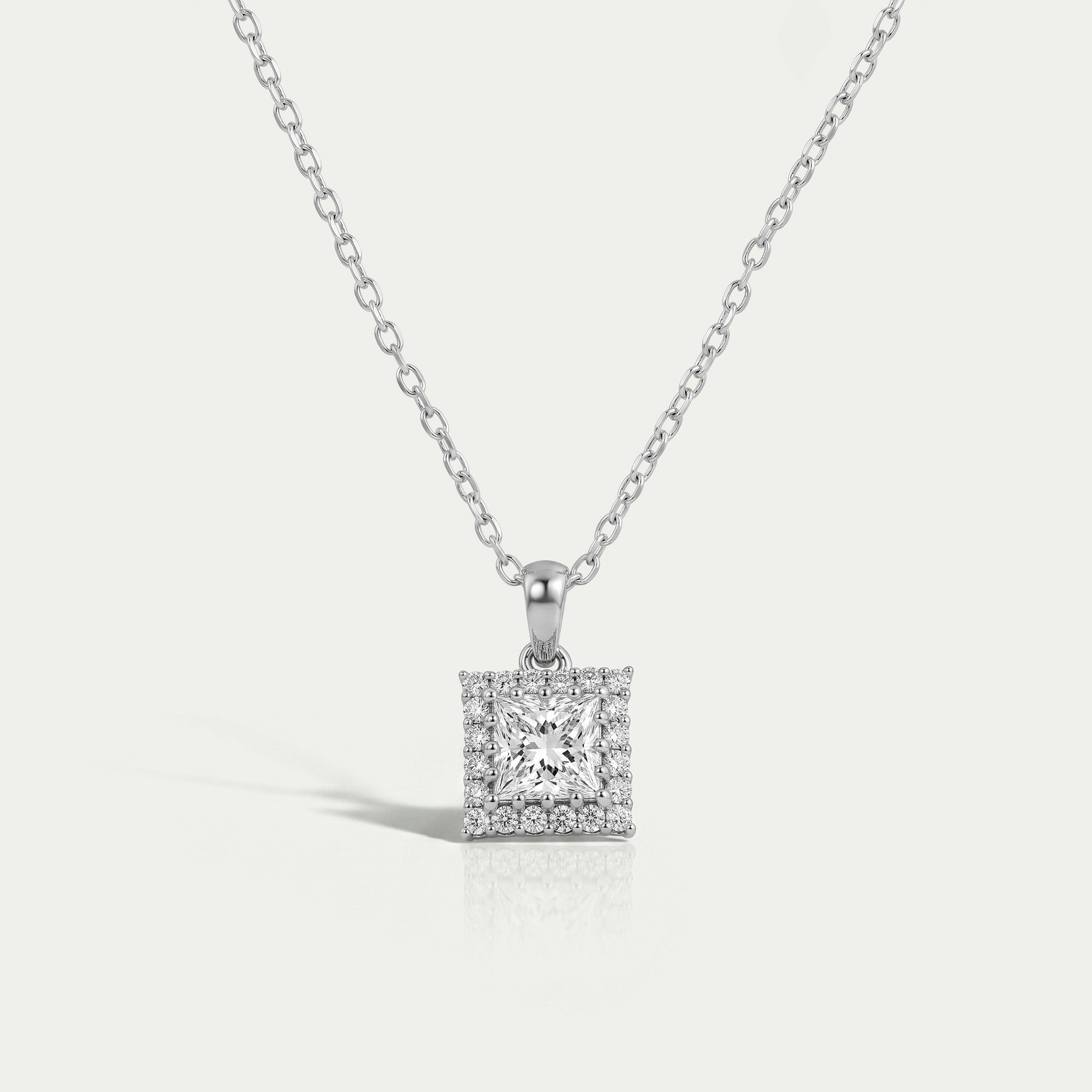 Princess Cut Lab Diamond Halo Pendant Necklaces