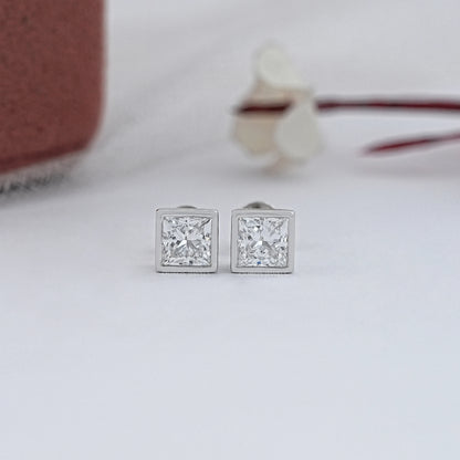 Princess Lab Diamond Bezel Stud Earrings