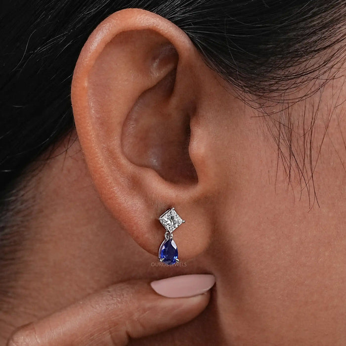Sapphire Pear And Lab Diamond Two Stone Earrings