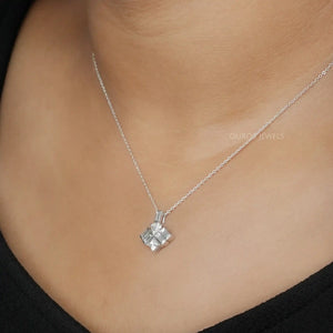 [A Women wearing Trillion and Princess Cut Diamond Pendant]-[Ouros Jewels]