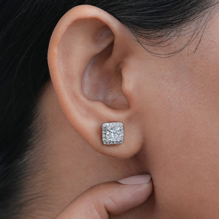 Lab Princess Diamond Halo Stud Earrings