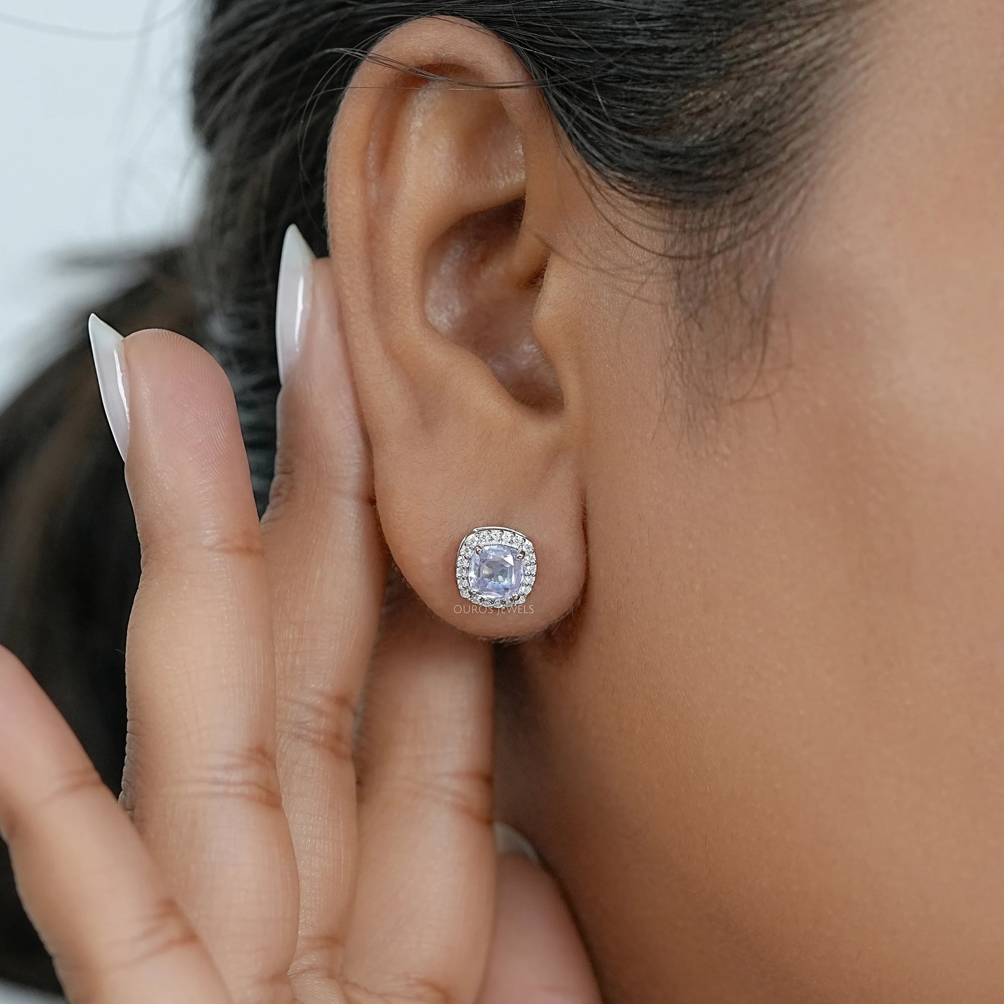 Light Purple Square Cushion Halo Stud Earrings Earring