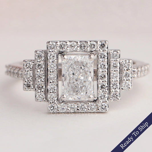 Radiant Cut Halo Diamond Solitaire Accent Ring