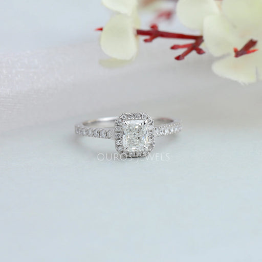 Radiant diamond halo engagement ring