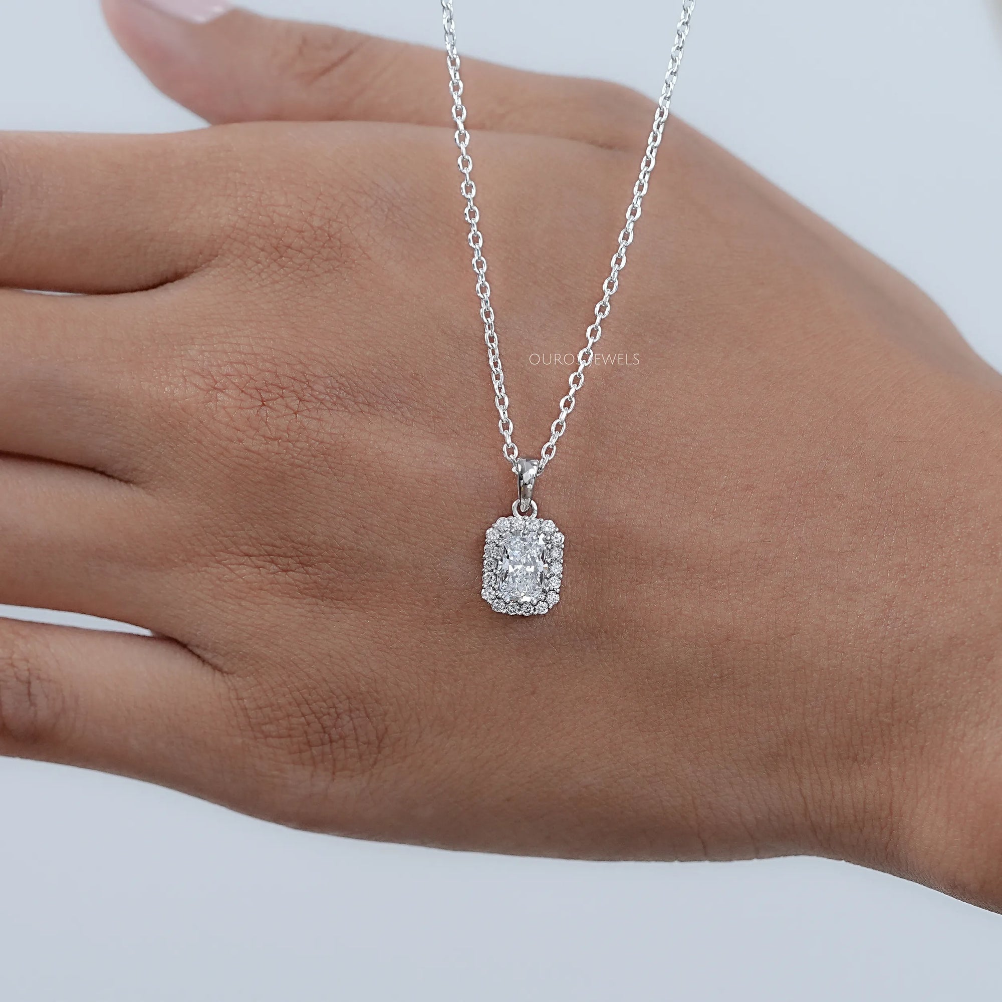 Radiant Lab Grown Diamond Halo Pendant Necklaces
