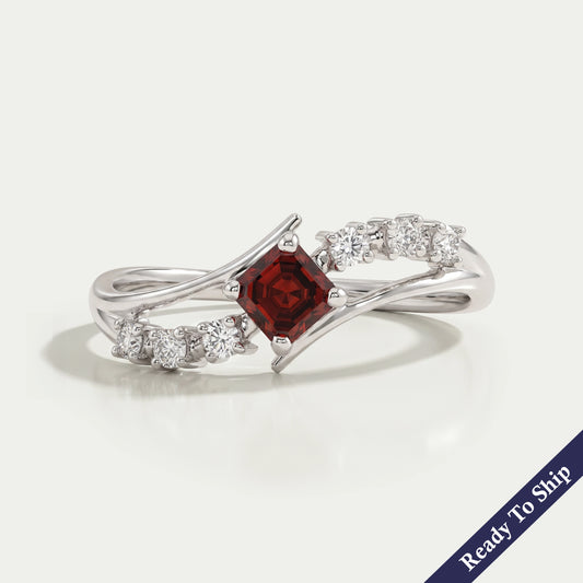 Antique Shape Fancy Red Asscher Diamond Bypass Set Ring