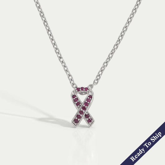 Red Round Gemstone Cancer Ribbon Pendant