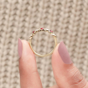 Diamond Half Eternity Band With Red Gemstone Round Cut