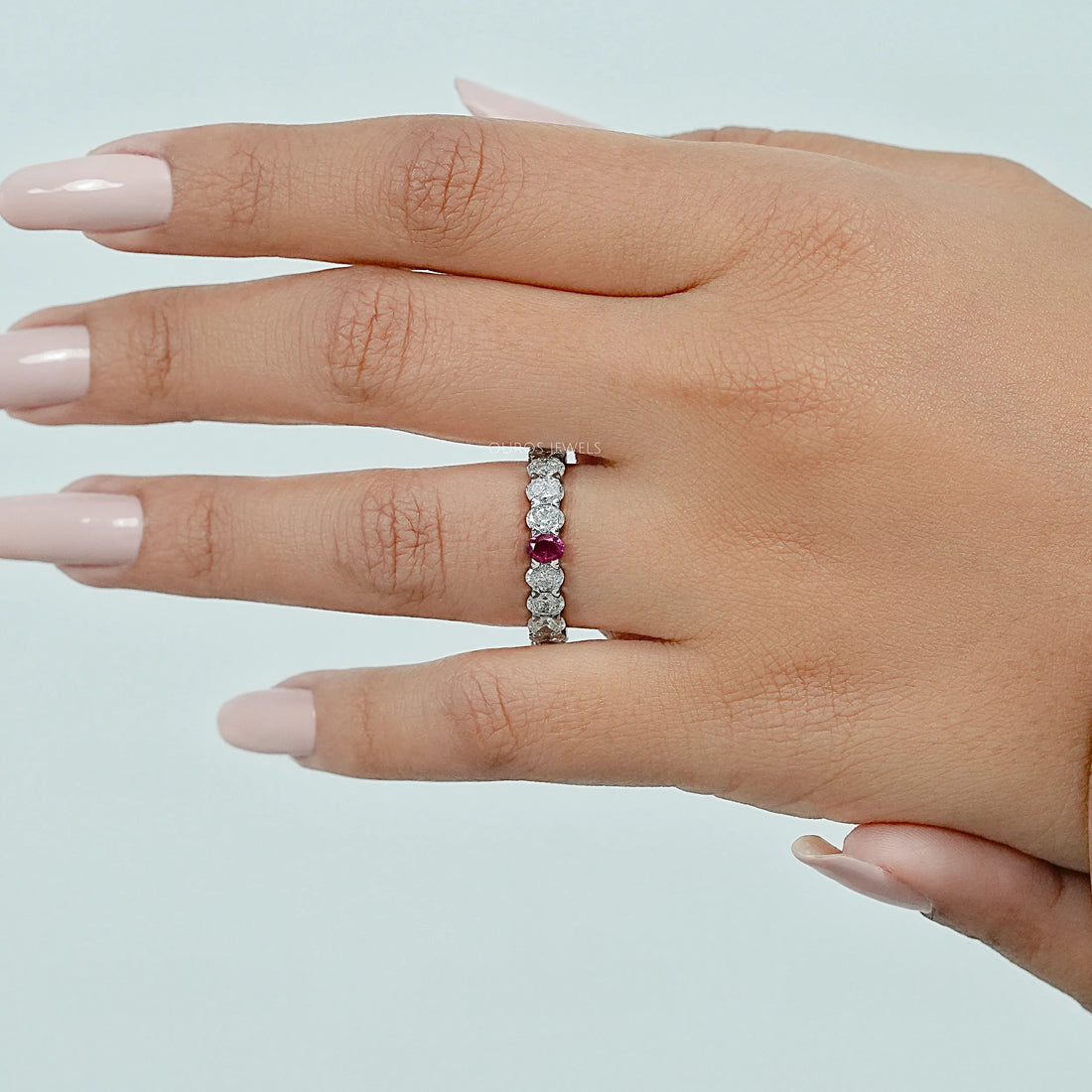 Red Oval Gemstone Eternity Wedding Band Rings