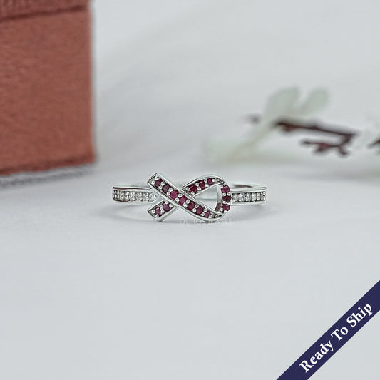 Red Round Gemstone Cancer Ribbon Ring Ring