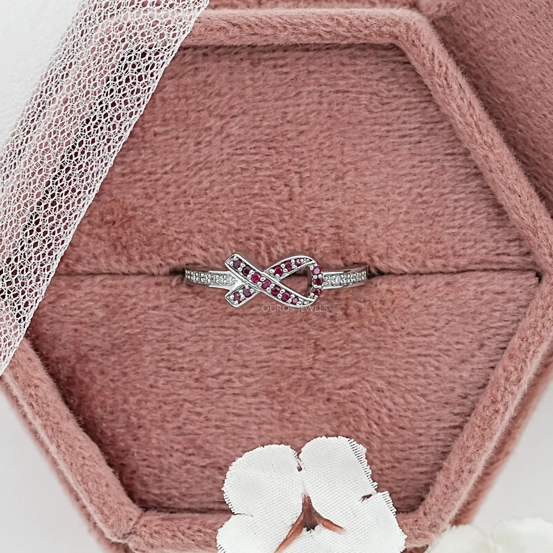 Red Round Gemstone Cancer Ribbon Ring Ring