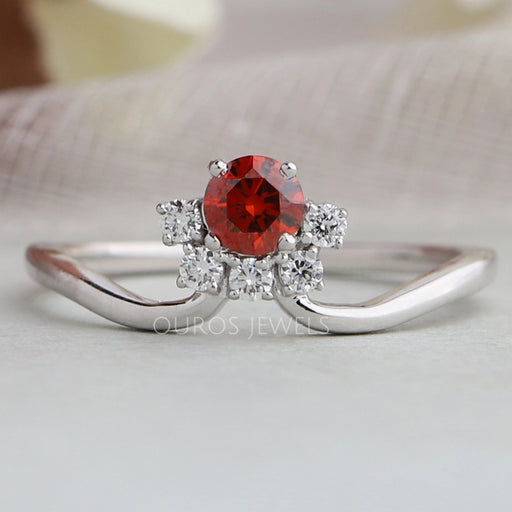 front view of round shape red diamond dainty wedding ring white gold