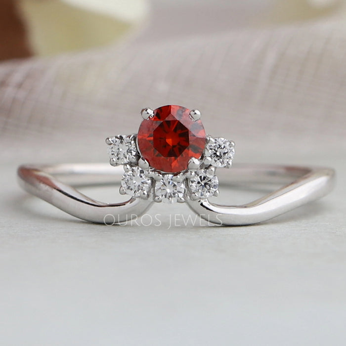 front view of round shape red diamond dainty wedding ring white gold