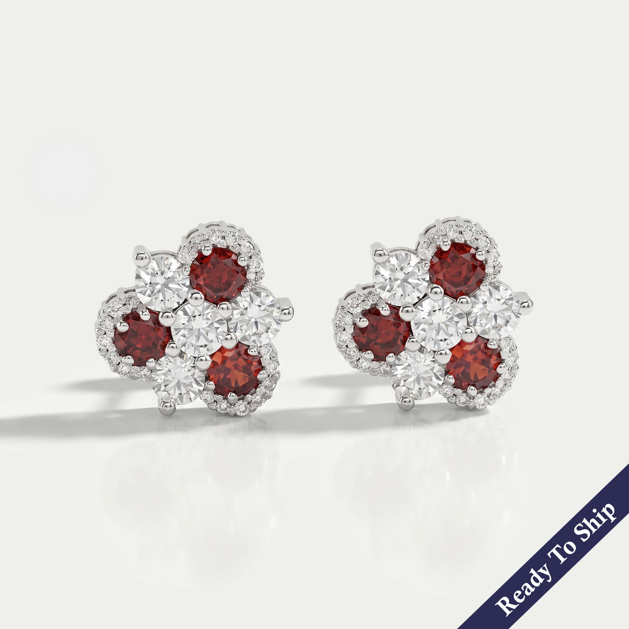Red Ruby Three Stone Stud Earring