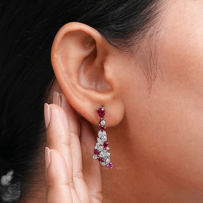 Ruby Pear Gemstone Cluster Dangle Earrings