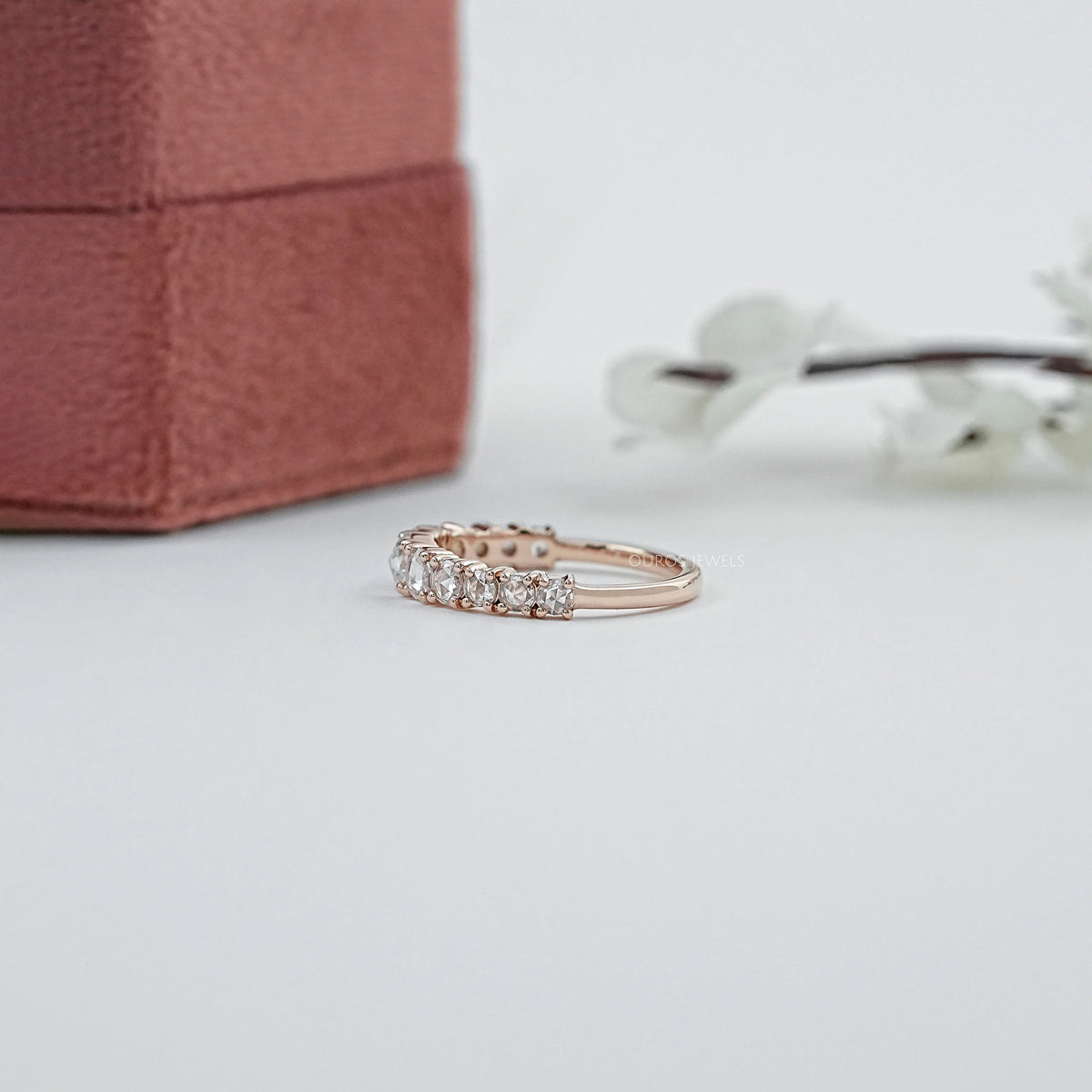 Rose Cut Round Diamond Half Eternity Wedding Band Ring
