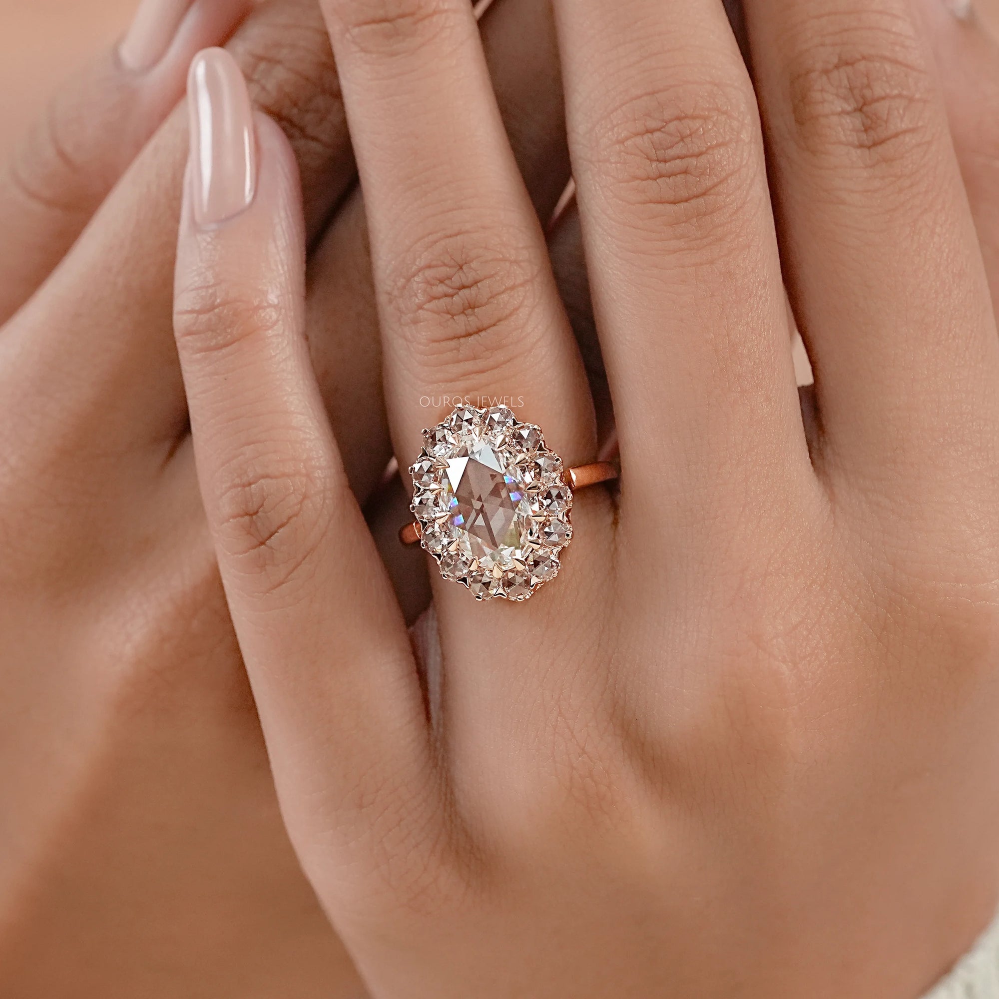 Rose Cut Oval Diamond Halo Engagement Ring