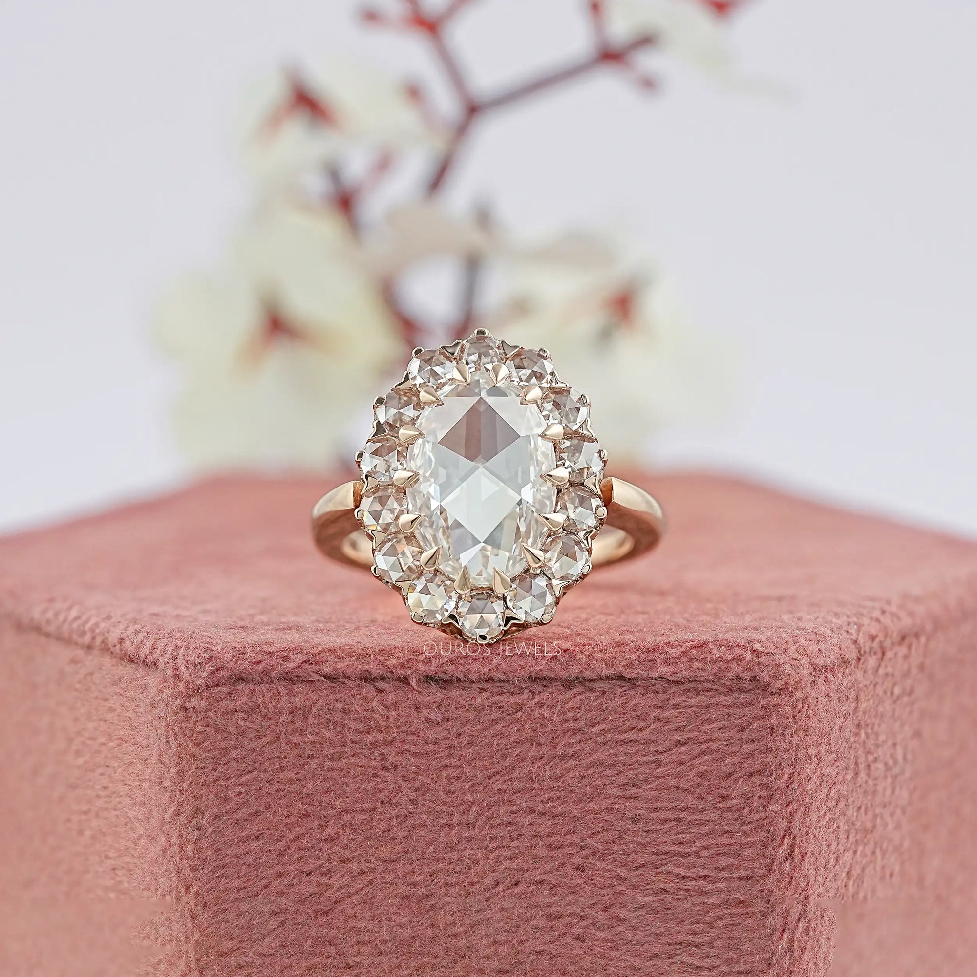 Rose Cut Oval Diamond Halo Engagement Ring