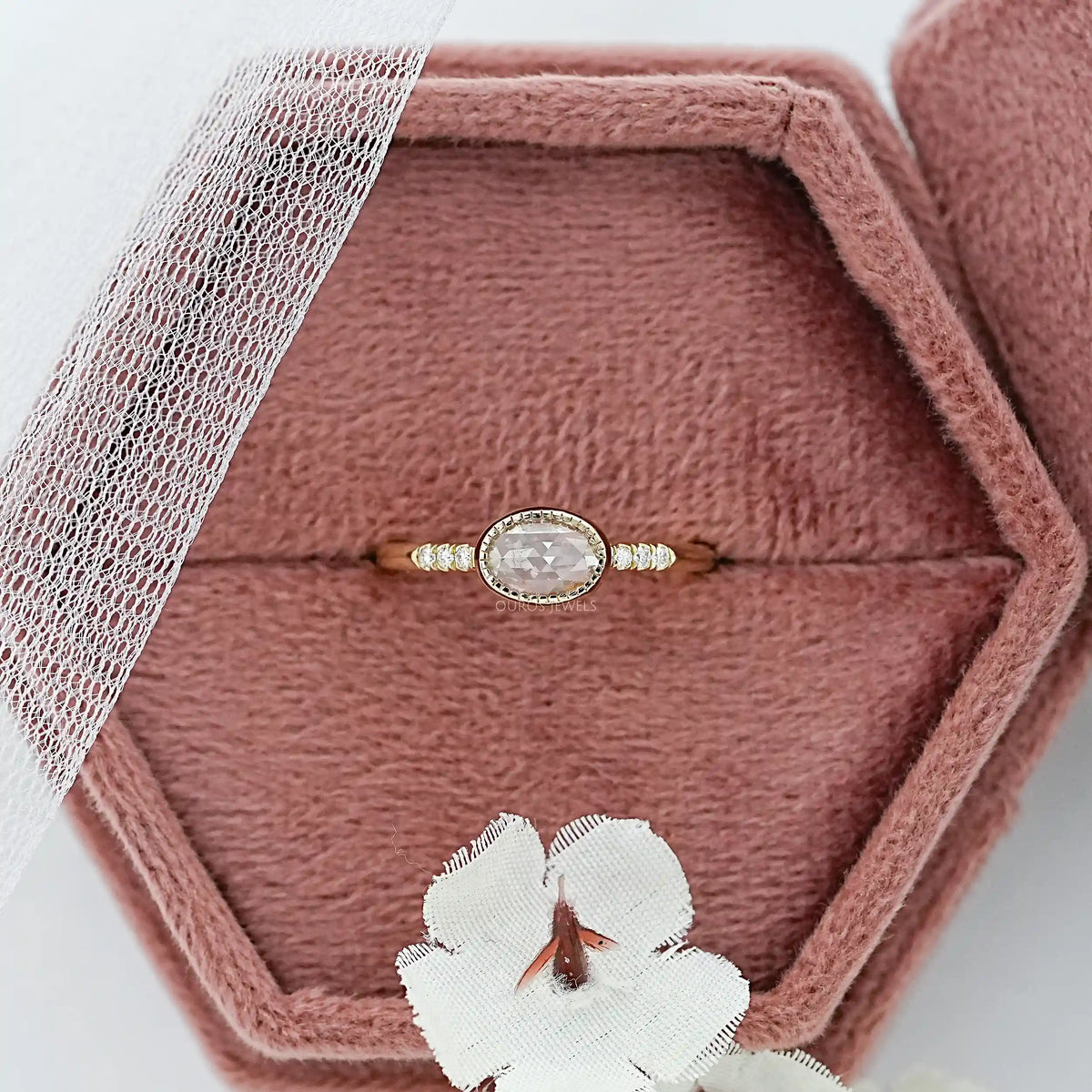 East West Rose Cut Oval Diamond Milgrain Accent Ring Ring