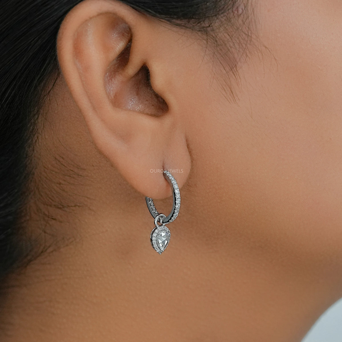 Rose Cut Pear Diamond Halo Charm Hoop Earrings Earring