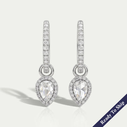 Rose Cut Pear Diamond Halo Charm Hoop Earrings