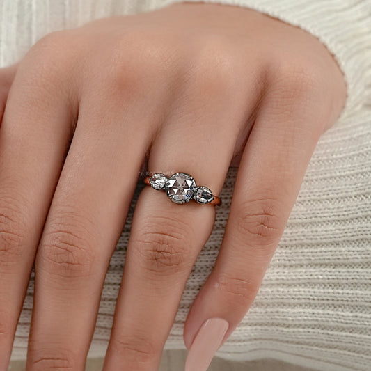 Rose Cut Round And Pear Diamond Engagement Ring Ring