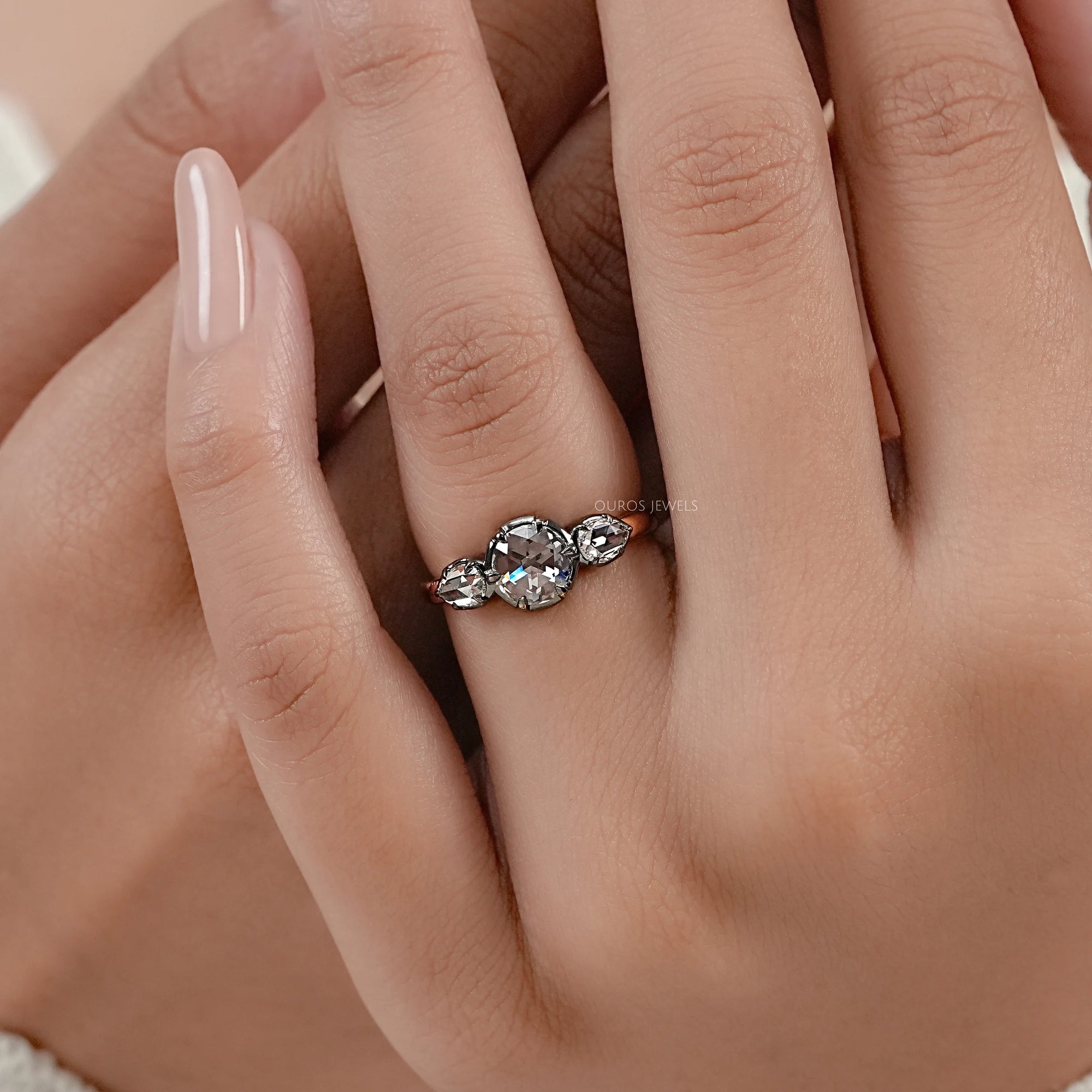 Rose Cut Round And Pear Diamond Engagement Ring