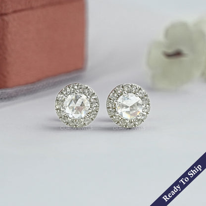 Rose Cut Round Diamond Halo Stud Earrings Earring