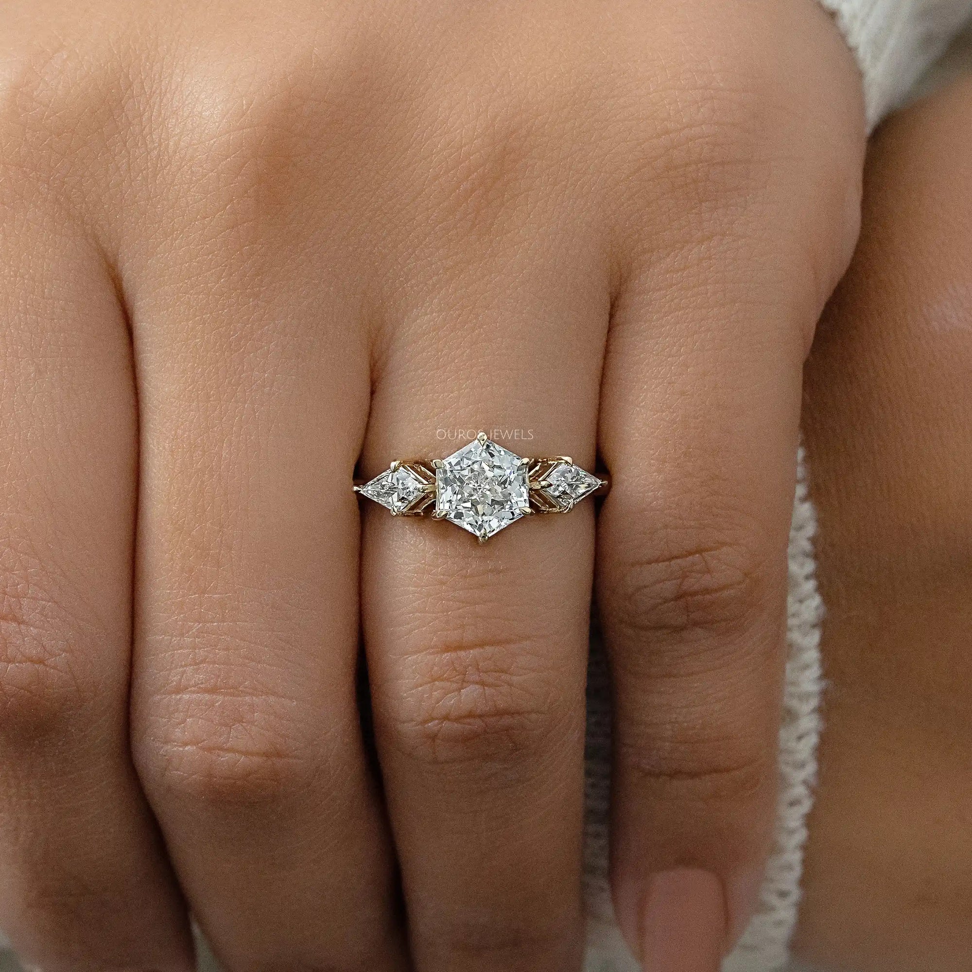 Three Stone Hexagon Cut Diamond Engagement Ring