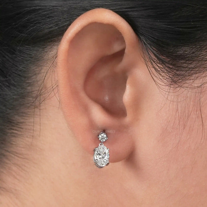 round and oval cut lab grown diamond drop dangle earrings push back on ear