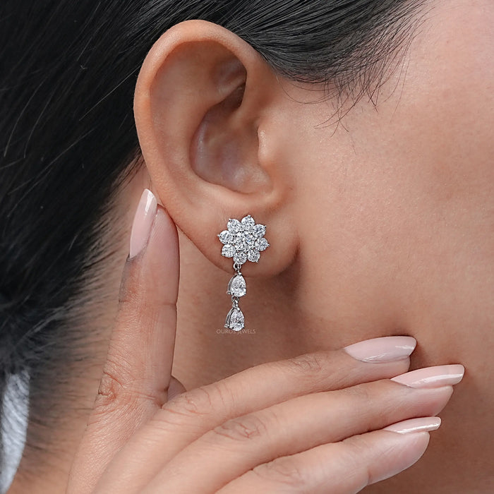 Round Cut Diamond Flower Drop Earrings